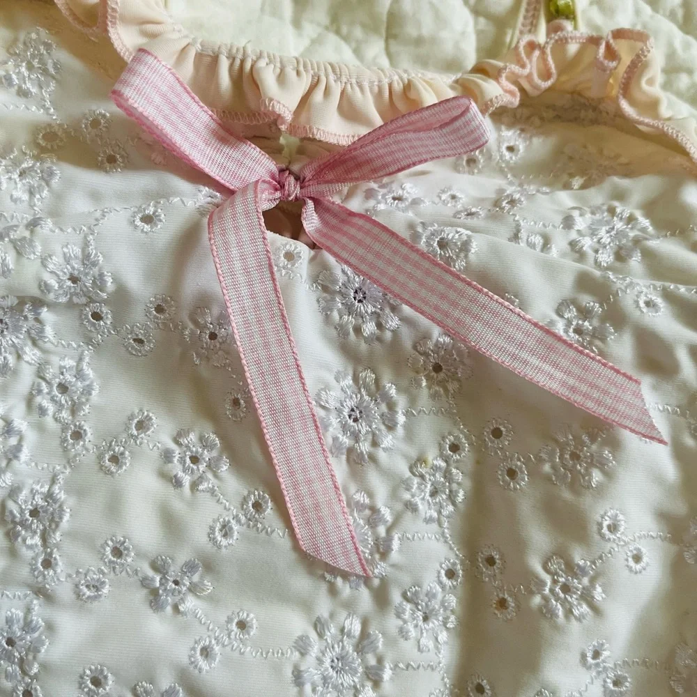 NWT Kate Mack Biscotti White Eyelet One-Piece Swimsuit with Pink Trim